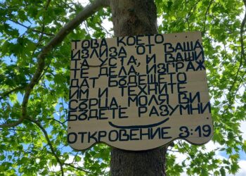Табела с интересно послание “кацна” на дърво в парка на “Владиславово”