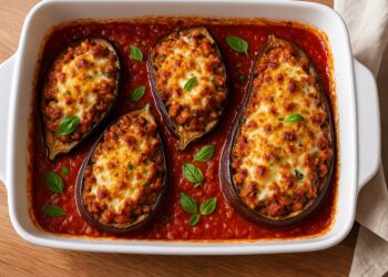 Пълнени патладжани „Пармиджана“ – Лесна рецепта с доматен сос, кашкавал и златиста коричка