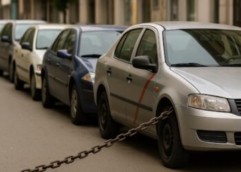 Ред от паркирани автомобили на градска улица, като предният сив автомобил е заключен с тежка метална верига на колелото