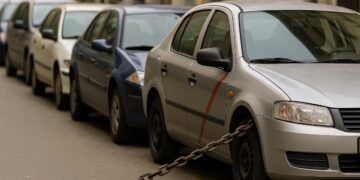 Ред от паркирани автомобили на градска улица, като предният сив автомобил е заключен с тежка метална верига на колелото