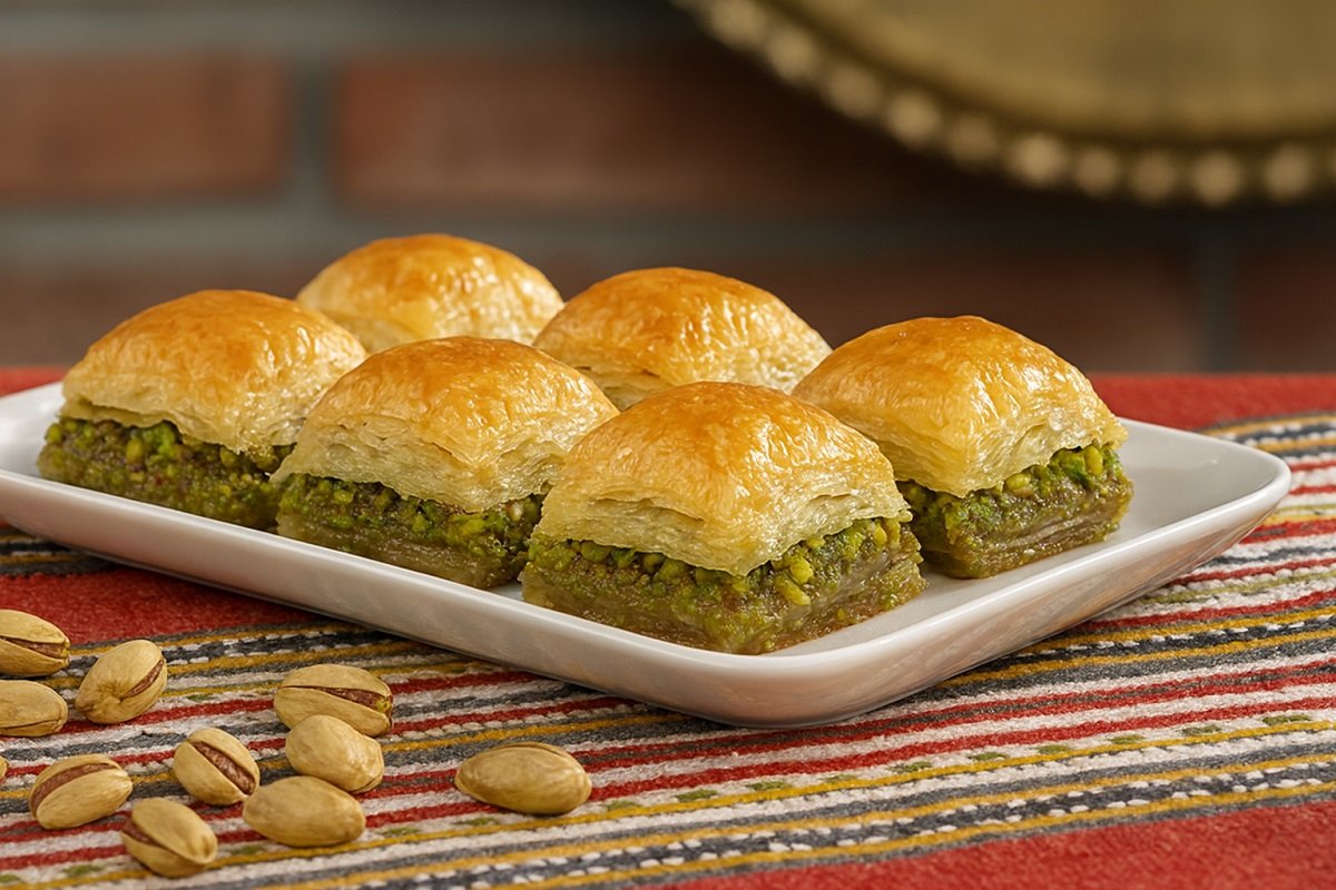 Чиния с парчета баклава, гарнирани с шамфъстък, върху цветна покривка – традиционно изкушение от български празник