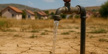 „Селски воден кран с течаща вода върху напукана суха земя, на заден план се виждат къщи в малко населено място