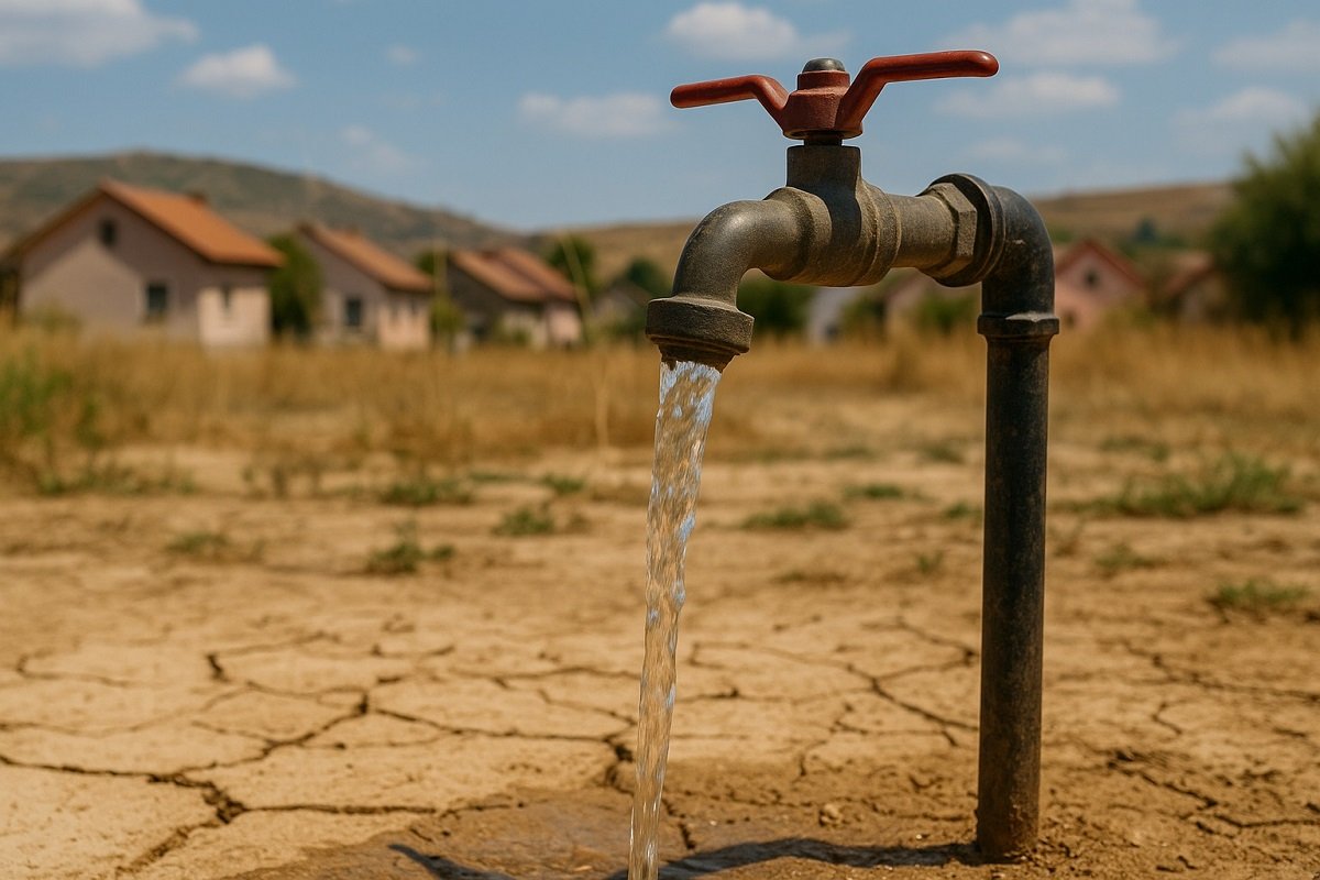 „Селски воден кран с течаща вода върху напукана суха земя, на заден план се виждат къщи в малко населено място