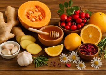 Дървена маса, подредена с есенни плодове, зеленчуци, мед и билков чай – символ на природни средства за силен имунитет през есента.