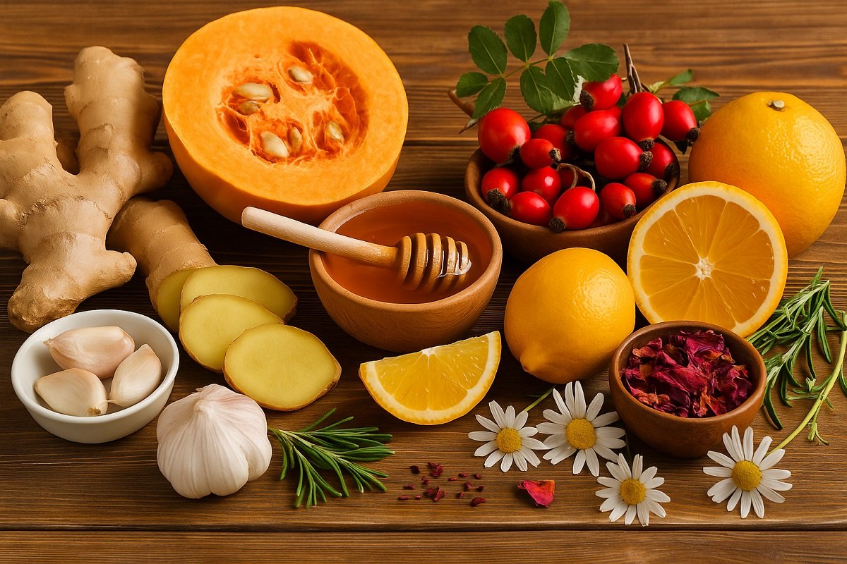 Дървена маса, подредена с есенни плодове, зеленчуци, мед и билков чай – символ на природни средства за силен имунитет през есента.