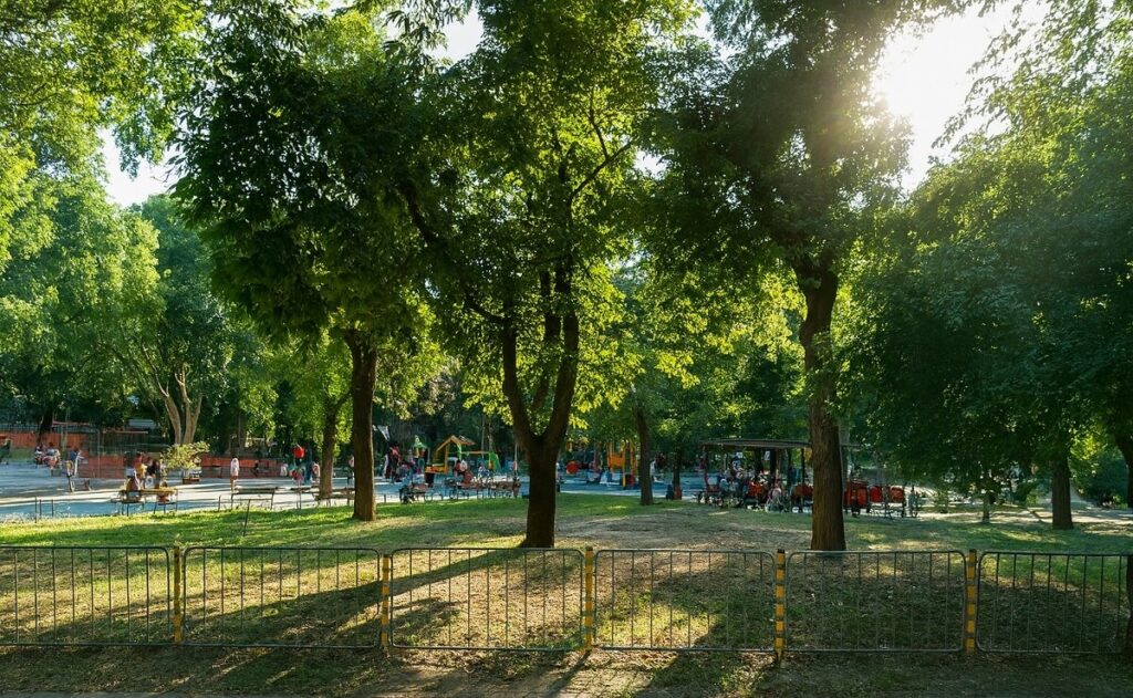 Детска площадка и алеи в градинка във Варна, с дървета и хора, заснети в слънчев следобед