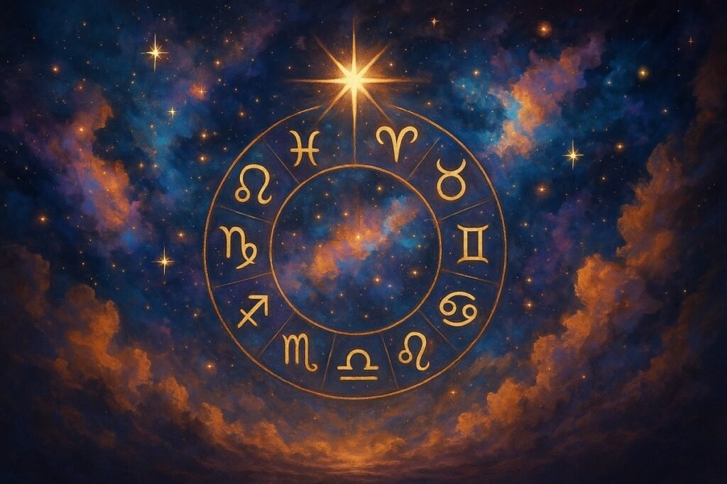 „Астрологична карта и зодиакални символи върху тъмносин фон – илюстрация към дневен хороскоп за 15 септември 2025“