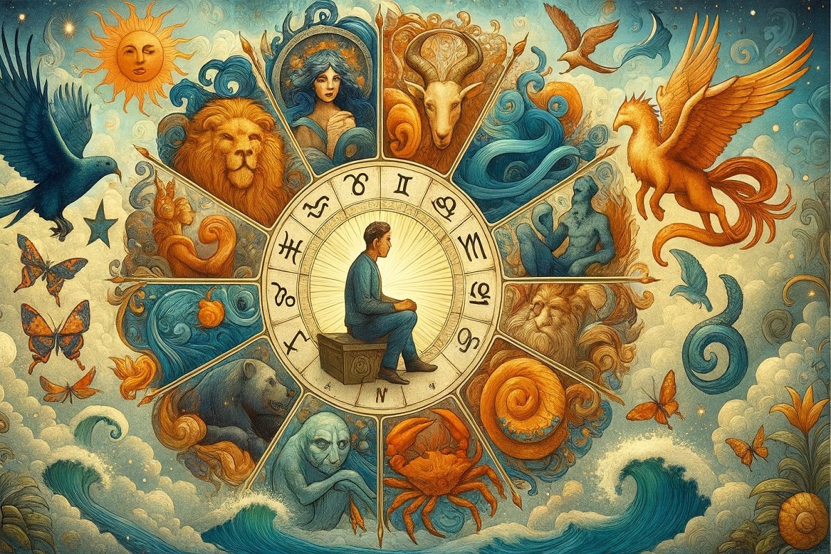 Зодиакален кръг с 12 зодии и митични символи в мистична илюстрация.