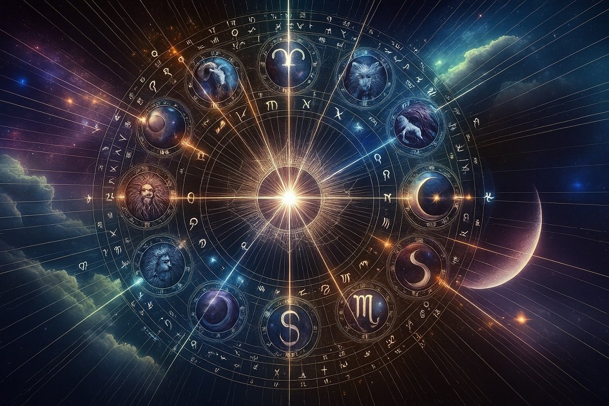 Дигитална илюстрация на зодиакално колело върху космически фон, със сияеща светлина в центъра, заобиколено от символи на всички зодиакални знаци, звезди, облаци и луна.