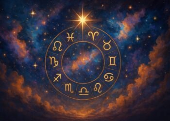 „Астрологична карта и зодиакални символи върху тъмносин фон – илюстрация към дневен хороскоп за 15 септември 2025“