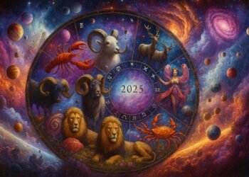 Зодиакален кръг с астрологични знаци и животни, изобразени в космическа сцена с планети и галактики, художествено нарисуван за 2025 година