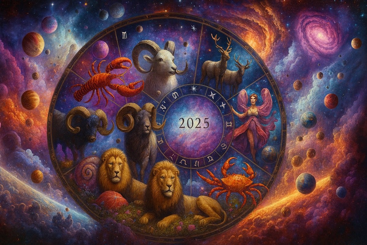 Зодиакален кръг с астрологични знаци и животни, изобразени в космическа сцена с планети и галактики, художествено нарисуван за 2025 година