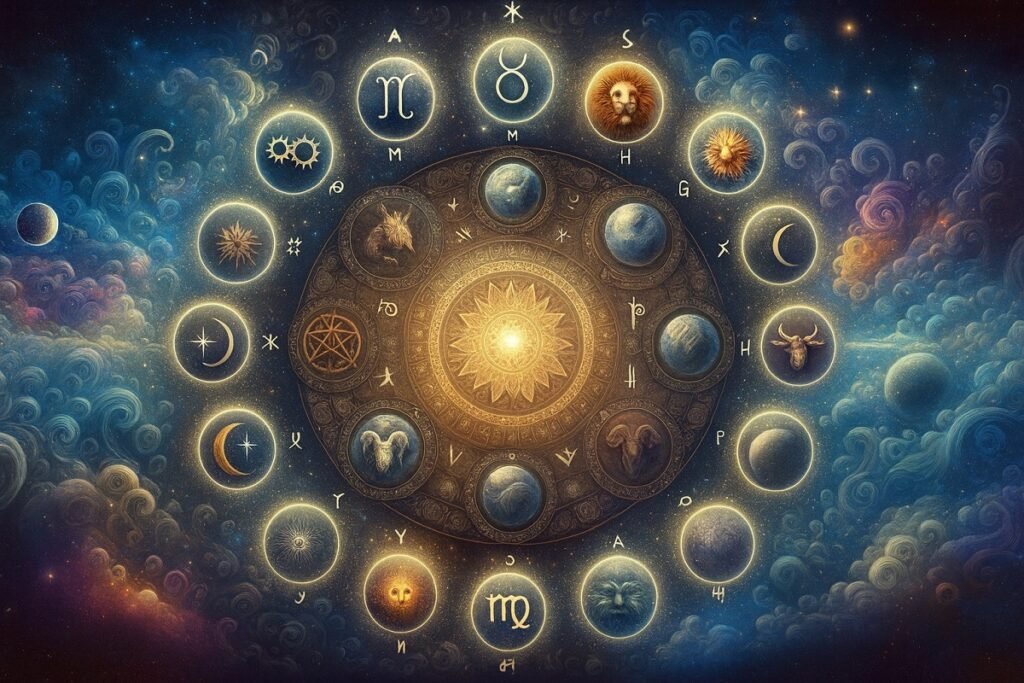 Космическа илюстрация на зодиакален кръг с 12 зодиакални символа, разположени около сияещо слънце в центъра, на фона на звезди и галактики