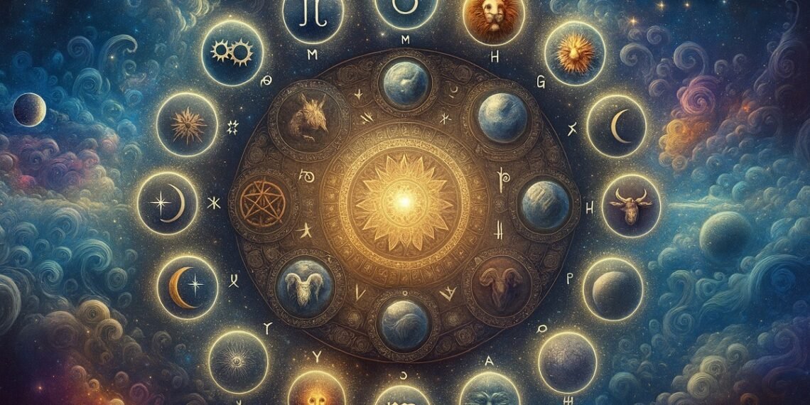 Космическа илюстрация на зодиакален кръг с 12 зодиакални символа, разположени около сияещо слънце в центъра, на фона на звезди и галактики