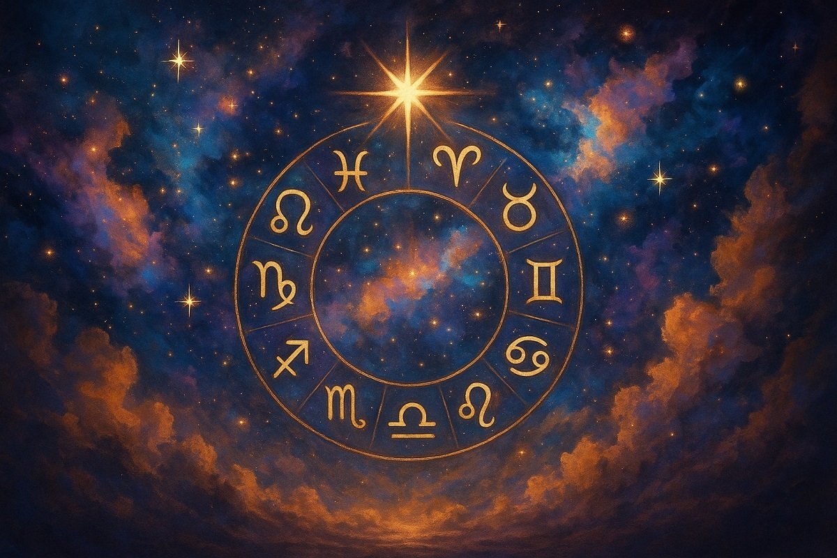 „Астрологична карта и зодиакални символи върху тъмносин фон – илюстрация към дневен хороскоп за 15 септември 2025“