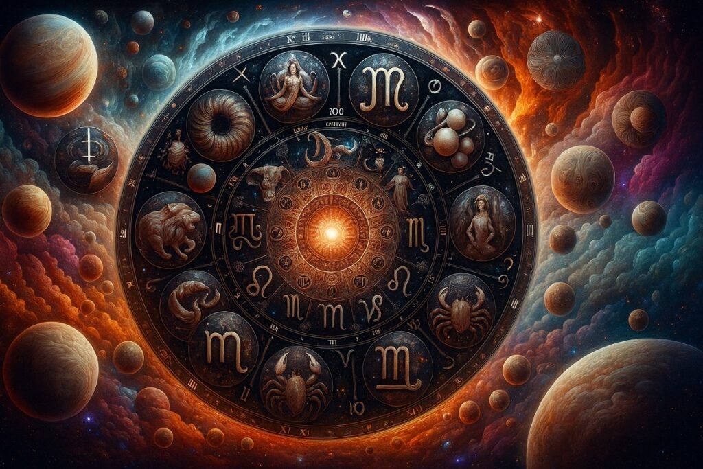 „Художествено изобразен зодиакален кръг с дванадесетте знака, заобиколен от планети, космически облаци и звезди в наситени оранжево-сини тонове, символизиращ астрология и Вселената.“