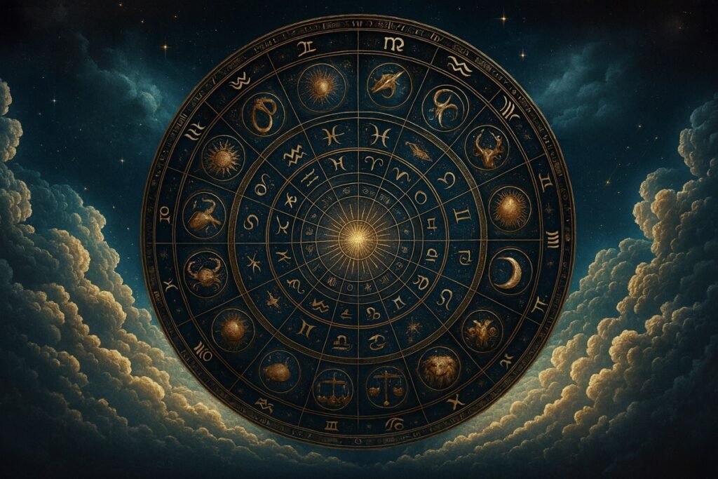 Зодиакален кръг с дванадесетте зодиакални знака, изобразен в мистичен стил върху звездно небе и облаци – астрологично изображение за хороскоп.