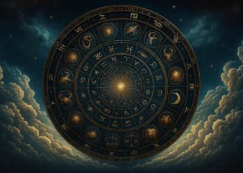 Зодиакален кръг с дванадесетте зодиакални знака, изобразен в мистичен стил върху звездно небе и облаци – астрологично изображение за хороскоп.
