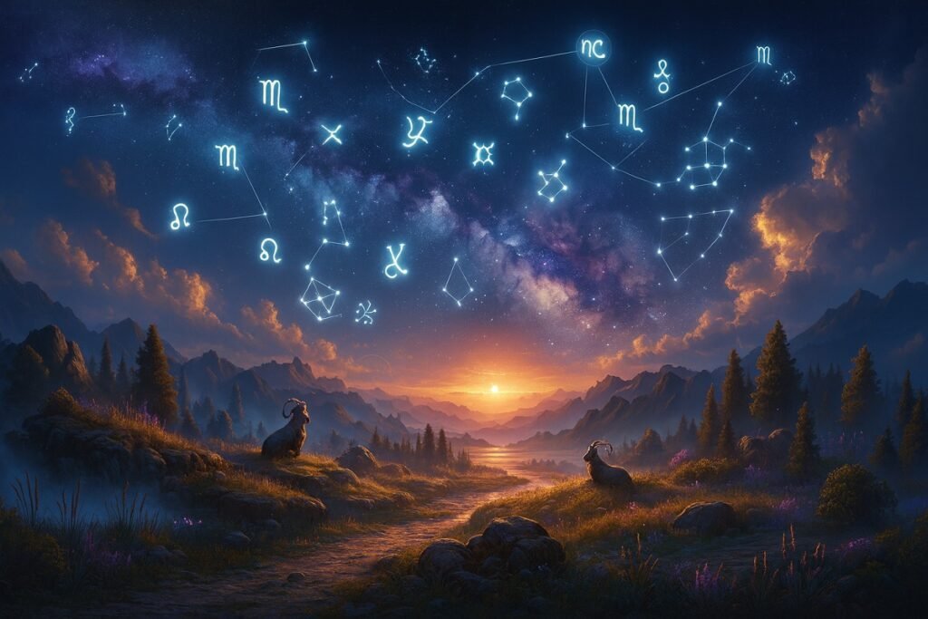 Звездна нощ над планински пейзаж с изобразени съзвездия на 12-те зодии и сияен хоризонт.