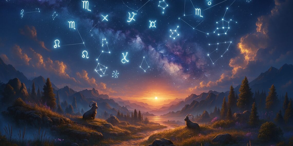 Звездна нощ над планински пейзаж с изобразени съзвездия на 12-те зодии и сияен хоризонт.