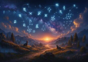 Звездна нощ над планински пейзаж с изобразени съзвездия на 12-те зодии и сияен хоризонт.