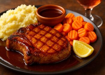 „Грилована свинска пържола с медено-соева глазура, картофено пюре и глазирани моркови