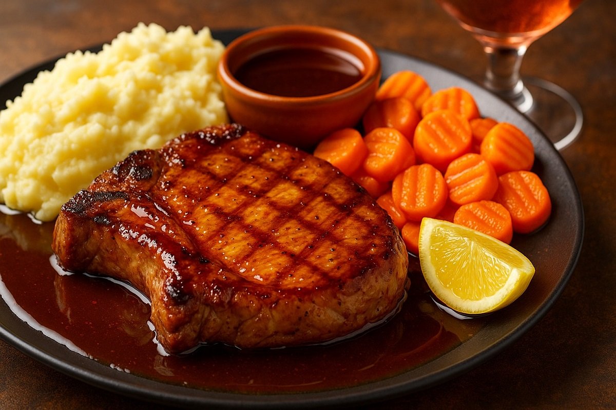 „Грилована свинска пържола с медено-соева глазура, картофено пюре и глазирани моркови