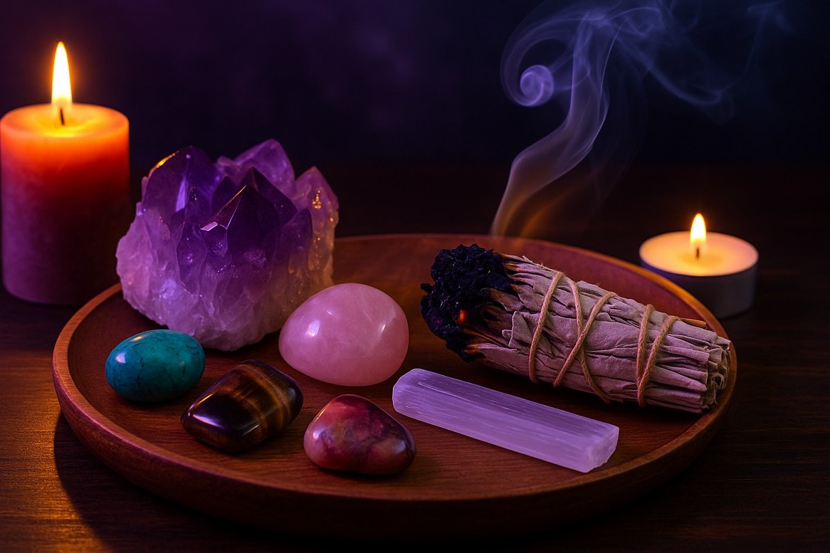 Мистично подредени лечебни кристали върху тъмна повърхност, осветени от мека светлина, създаваща усещане за магия и духовна енергия.