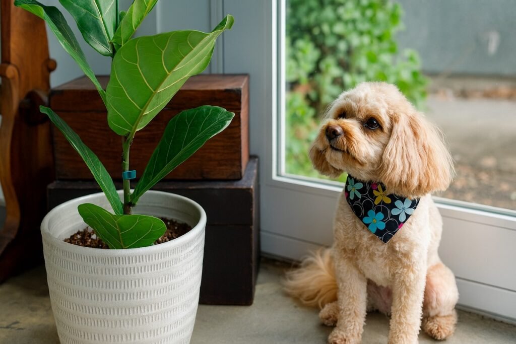 „Малко куче с къдрава козина седи до фикус лира в саксия в светла стая – популярно, но токсично стайно растение за домашни любимци.“