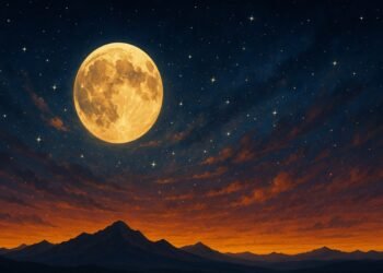 Нощно небе с ярка пълна Луна над морски хоризонт, обгърнато от сияйни облаци и наситени цветове – символ на мистична енергия и красота