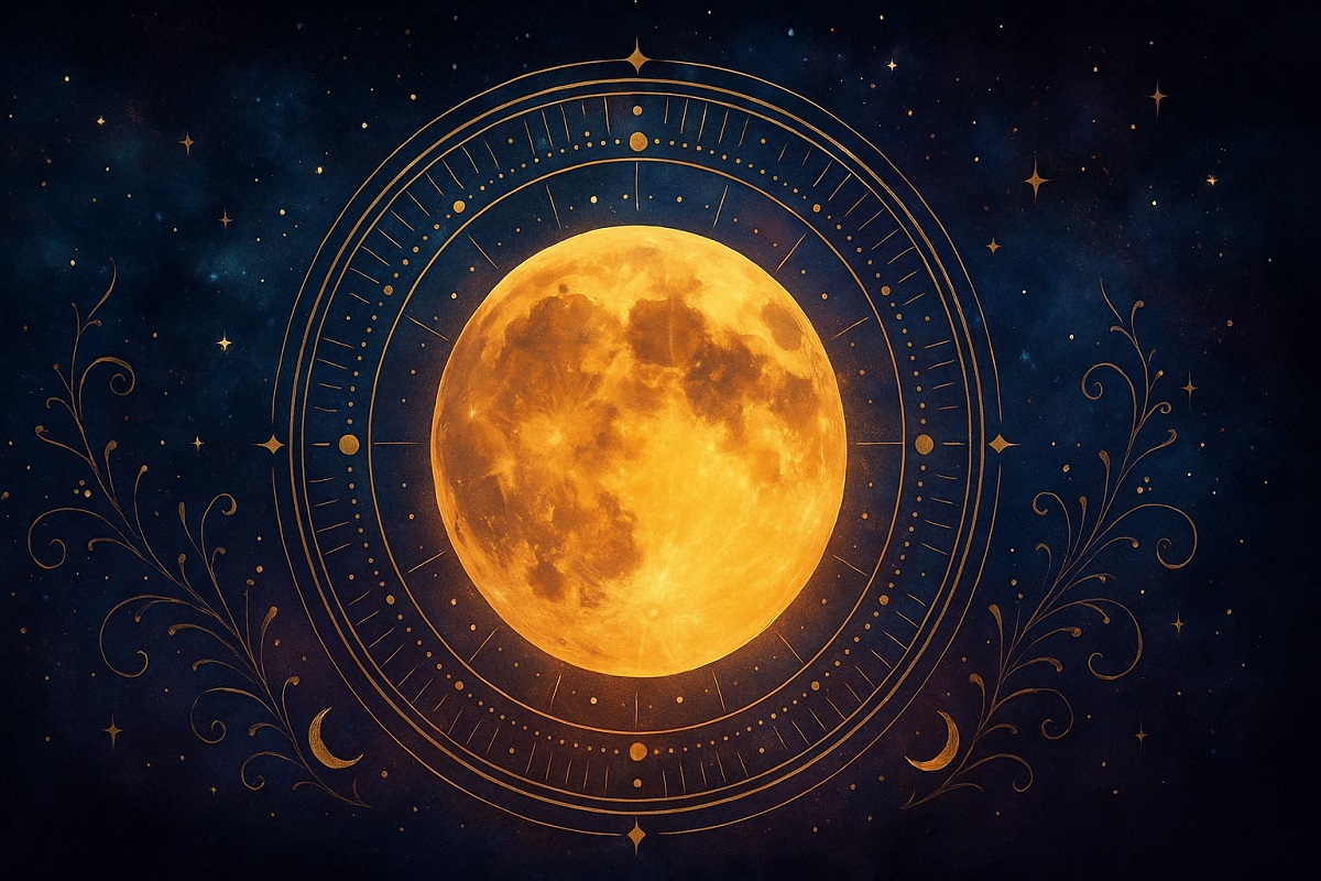 Мистична илюстрация на пълнолуние в нощното небе с облаци и ярки цветове, създаваща усещане за магия и мистерия, вдъхновена от лунния календар.