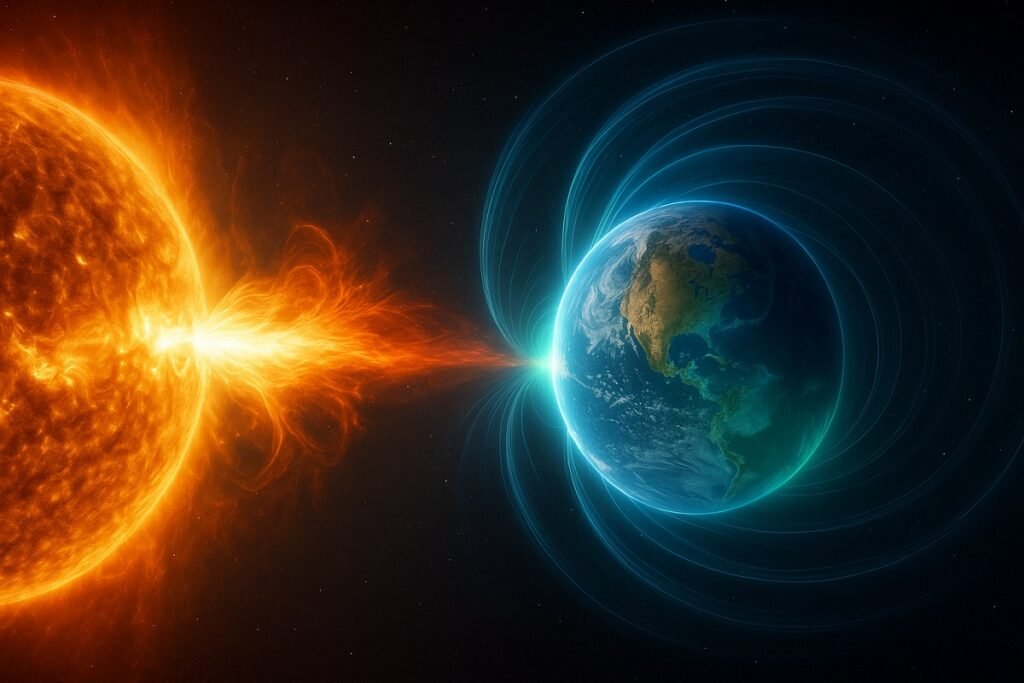 Магнитна буря от Слънцето достига Земята – коронално изригване и геомагнитно поле.