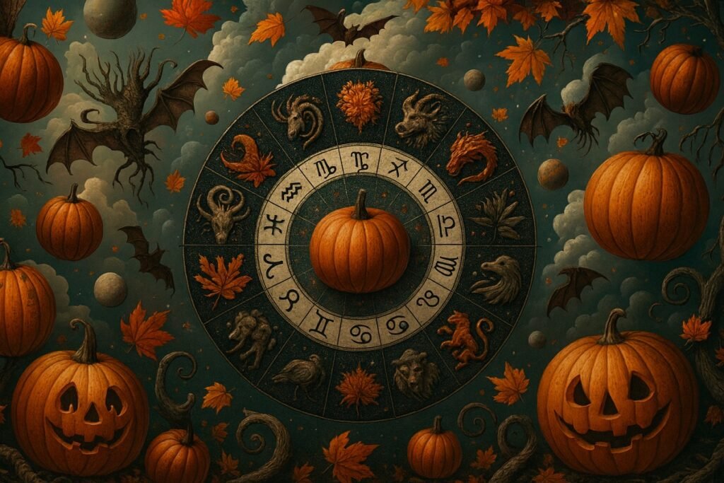 Хороскоп и зодиакален кръг с есенни и Хелоуин символи – тикви, листа и мистична космическа сцена, вдъхновена от октомврийския хороскоп 2025.
