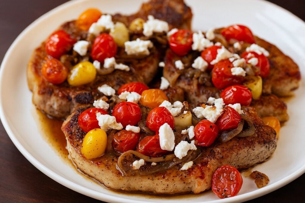 Сочни свински котлети, гарнирани с чери домати, карамелизиран лук и натрошено сирене фета, поднесени върху бяла чиния