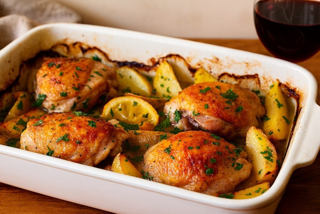 Апетитно изпечено ястие с пилешко месо, картофи и подправки в бяла керамична тава, поднесено с чаша бяло вино на маса – уютна и вкусна вечеря.