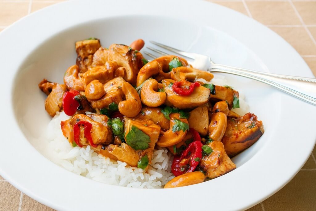 Апетитно пилешко с кашу и люти чушки върху пухкав ориз – лесна и бърза рецепта за обяд или вечеря.