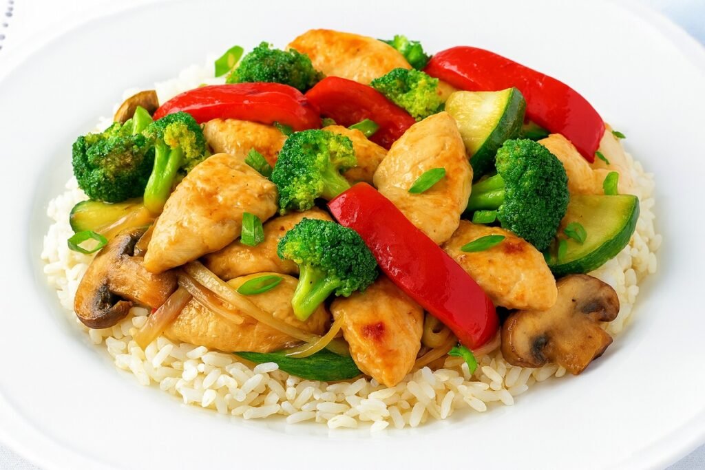 „Пилешко месо със свежи зеленчуци – броколи, червена чушка, тиквички и гъби, приготвени в дълбок тиган и поднесени върху пухкав бял ориз, сервирани в бяла чиния.“