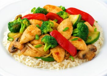 „Пилешко месо със свежи зеленчуци – броколи, червена чушка, тиквички и гъби, приготвени в дълбок тиган и поднесени върху пухкав бял ориз, сервирани в бяла чиния.“