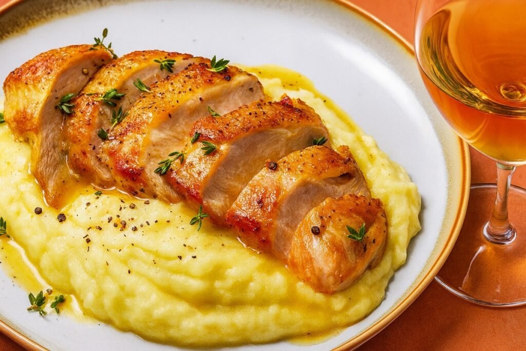 Апетитно сервирани запечени пилешки гърди върху кремообразно картофено пюре, гарнирани с пресни подправки и поднесени с чаша бяло вино.