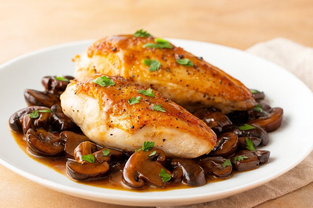 Сочни пилешки гърди със златиста коричка, поднесени с карамелизирани гъби и богат сос, гарнирани с пресен магданоз