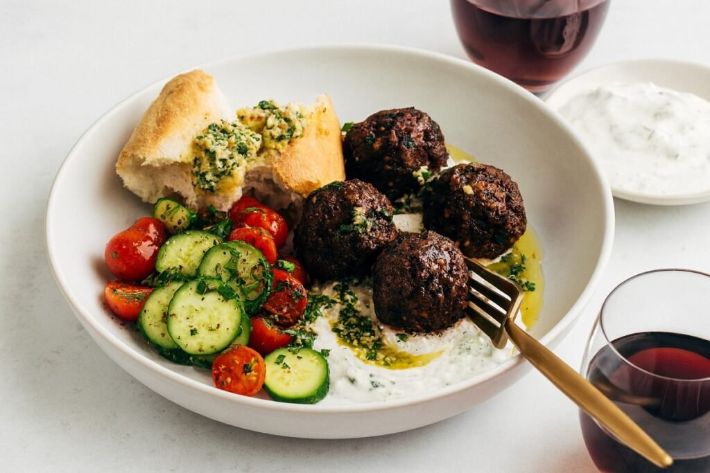 Вкусна порция сочни кюфтенца на фурна, гарнирани със свежа доматено-краставична салата, зелено орехово сосче и селски хляб, поднесени с чаша освежаваща напитка – идеалната комбинация за средиземноморска вечеря.