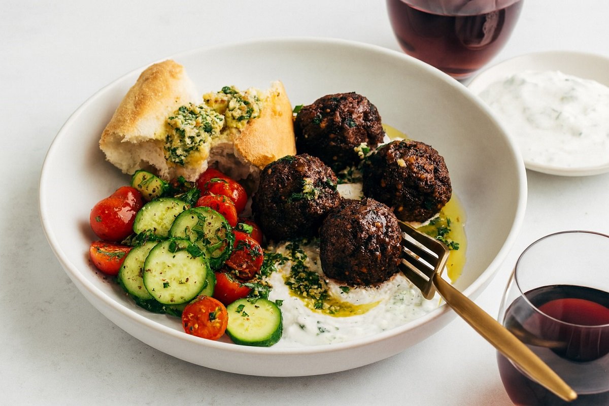 Вкусна порция сочни кюфтенца на фурна, гарнирани със свежа доматено-краставична салата, зелено орехово сосче и селски хляб, поднесени с чаша освежаваща напитка – идеалната комбинация за средиземноморска вечеря.