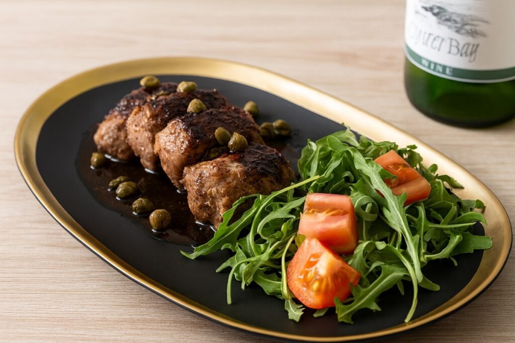 Елегантно сервирани свински медальони с балсамов сос и каперси, поднесени с рукола и домати върху черна чиния със златен ръб, в компания на бутилка бяло вино