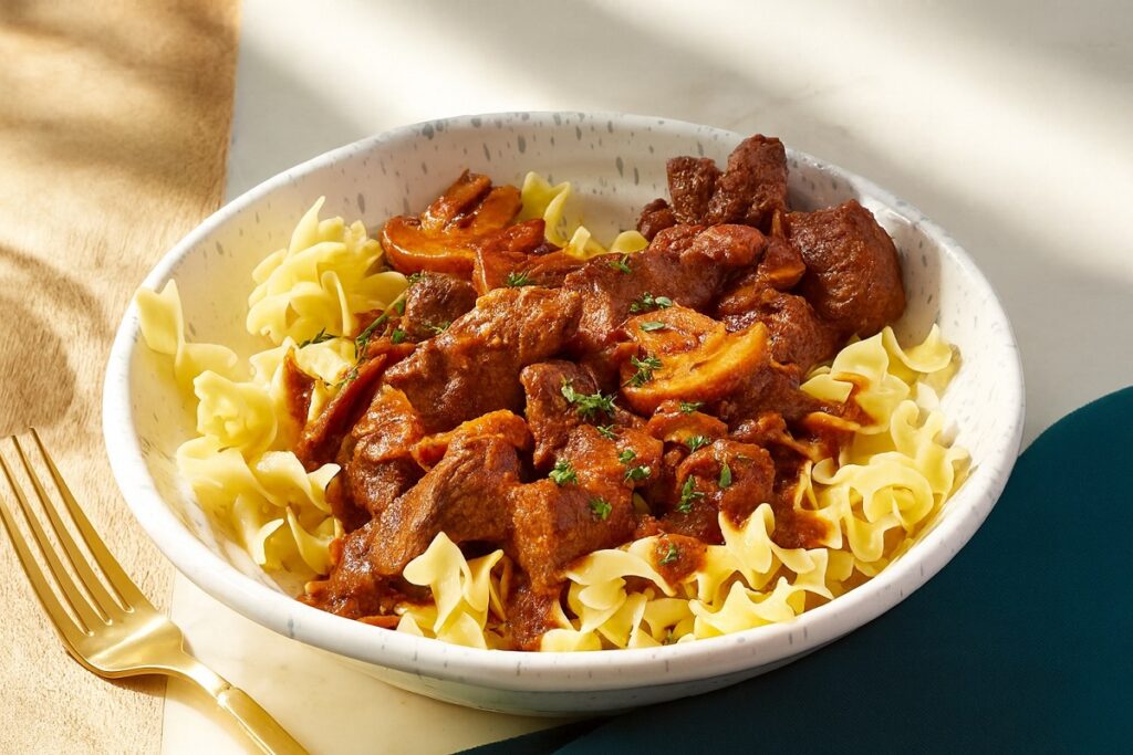 Чиния с крехки телешки хапки в доматен сос с гъби, поднесени върху спираловидни яйчени юфки, гарнирани с пресен магданоз.