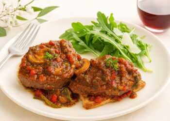 Телешки стек „Пицайола“ в български стил – сочна рецепта с домати, чушки и гъби, готова за под час