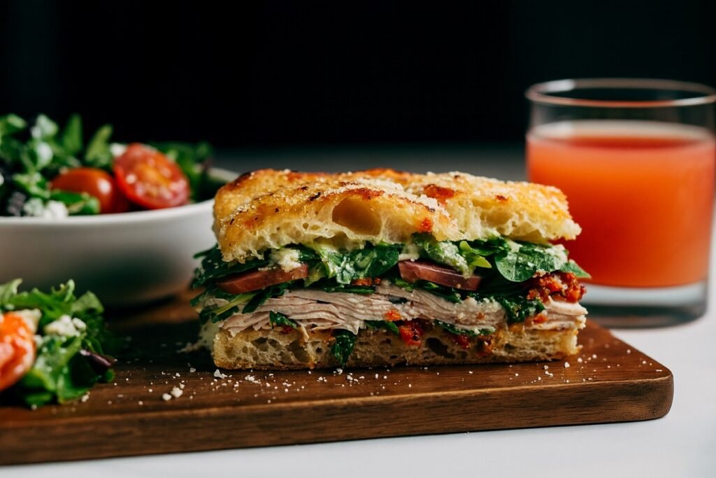 Апетитен сандвич с пуешко месо и сушени домати върху фокача, сервиран със свежа салата и чаша напитка – стилно поднесено за вкусно хапване