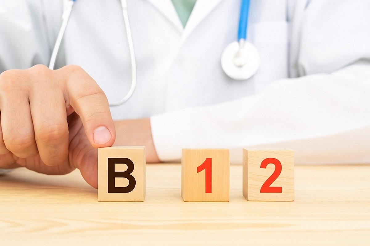 Медицински специалист държи капсула витамин B12 до риба, яйца и мляко – символ на здравословно хранене и естествени източници на витамин B12.