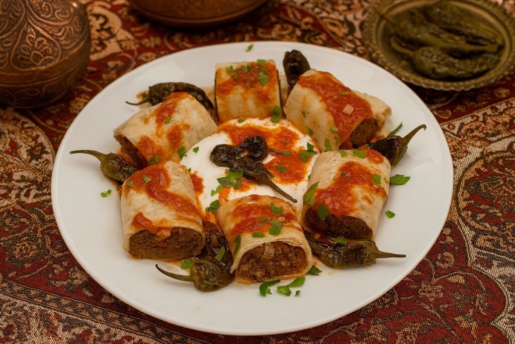 „Домашен бейти кебап, поднесен в ориенталски стил – нарязани рулца от месо, увити в тънка питка, с доматен сос, чесново кисело мляко и печени зелени чушки, сервирани върху богато украсена ориенталска покривка.“