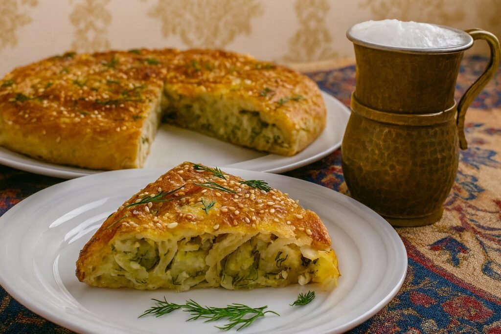 Навита турска баница Кол бюрек с тиквички, сирене и копър, поднесена върху бяло плато с поръска от сусам и копър, до медна чаша с пяна от айрян върху ориенталска покривка.