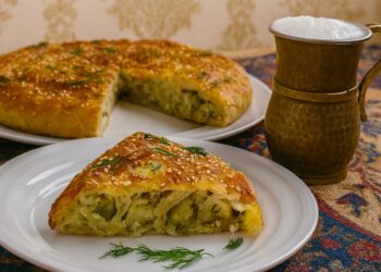 Навита турска баница Кол бюрек с тиквички, сирене и копър, поднесена върху бяло плато с поръска от сусам и копър, до медна чаша с пяна от айрян върху ориенталска покривка.